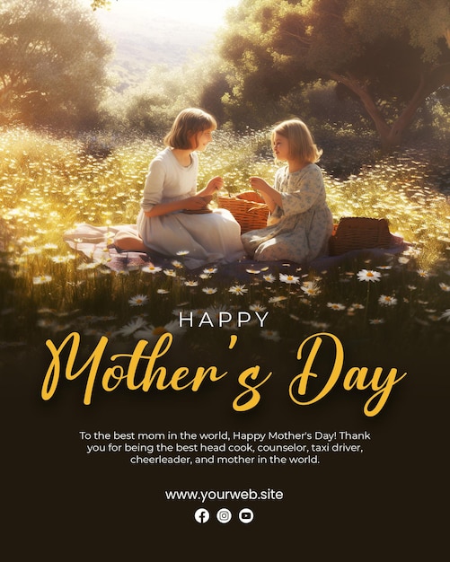 花畑に座る 2 人の女性の写真が描かれた母の日のポスター