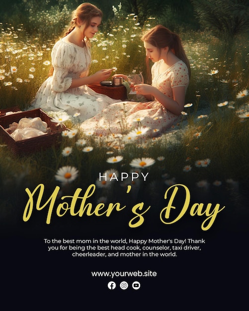 PSD Плакат ко дню матери с женщиной, сидящей в поле цветов
