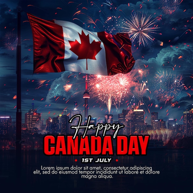 PSD 캐나다 국기 와 배경 에 도시 가 있는 캐나다 날 의 포스터