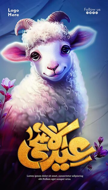 PSD Постер на эйд-мубарак с овцей на передней стороне каллиграфия