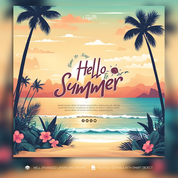 PSD 나무 와 꽃 이 있는 여름 해변 의 포스터