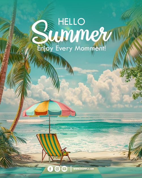 PSD 夏を迎するポスタービーチシーンとパームの背景の夏のバナーテンプレート