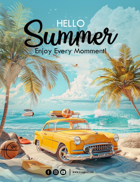PSD Плакат для приветствия лета с пляжной сценой и фоном пальмы шаблон летнего баннера