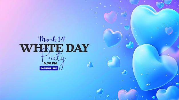 a poster for white day with white heart shaped balloons