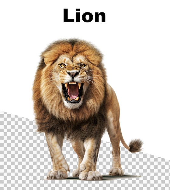 PSD 上部に「ライオン」というタイトルのライオンのポスター。