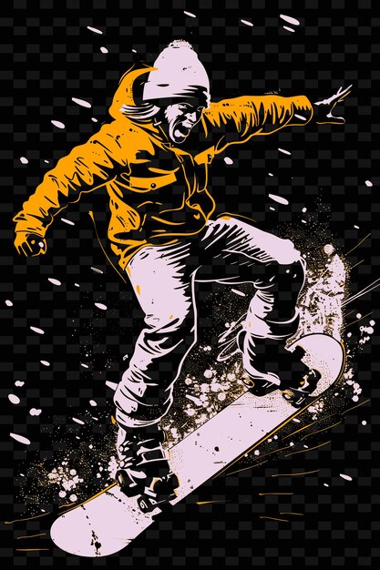 PSD 黄色いジャケットを着たスノーボード選手のポスターとスノウボード選手の黒と白の写真