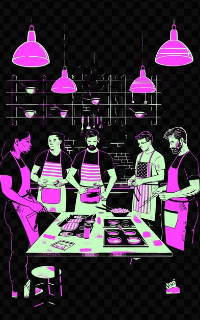 PSD 핑크색 배경을 가진 레스토랑에서 요리하는 네 명의 사람들의 포스터