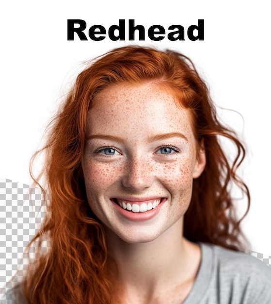 PSD 얼굴에 주근깨가 있는 아름다운 여성과 맨 위에 redhead라는 단어가 있는 포스터