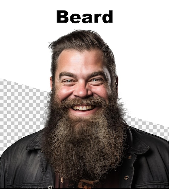 透明な背景にひげを生やした男性と上部に「ひげ」という言葉が描かれたポスター