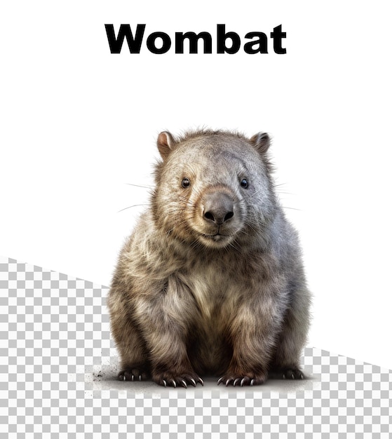 PSD 상단에 wombat이라는 단어가 있는 투명한 배경에 웜뱃이 있는 포스터