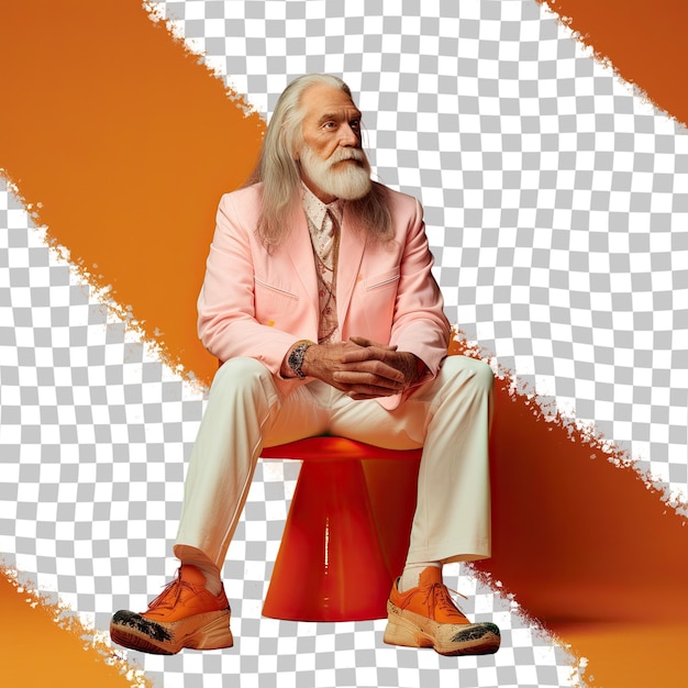 PSD Гордый пожилой мужчина с длинными волосами из славянской этнической группы, одетый в одежду неонатолога, позирует в стиле graceful floor seating на фоне пастельного мандарина