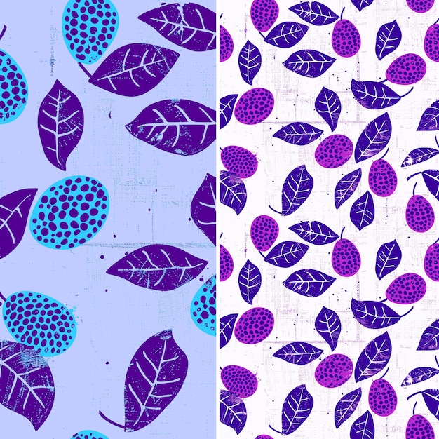 잎과 보라색 열매가 있는 보라색과 파란색 꽃 패턴