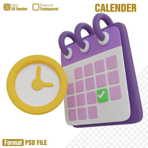 PSD 上部に緑色のチェックマークが付いた紫と白のカレンダー。