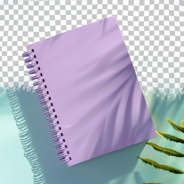 PSD a purple notebook with a purple cover and a green plant in the corner