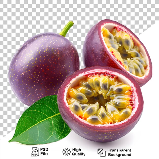 PSD a purple passion fruit with green leaves that is on a transparent background with png file