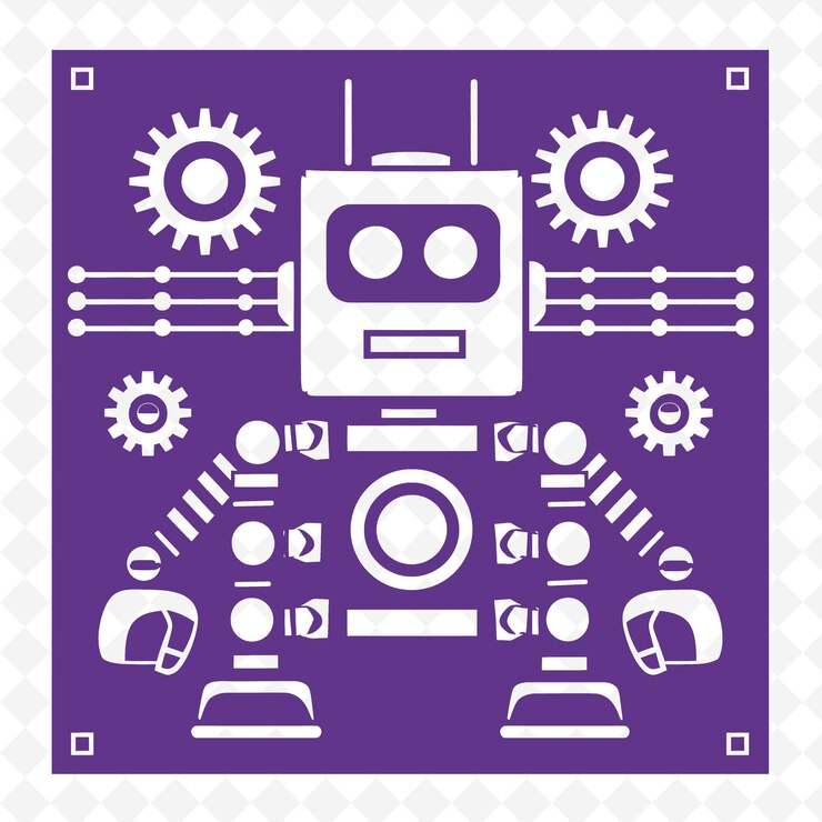 PSD a purple robot with a white background and a blue background with a white and black and white patter