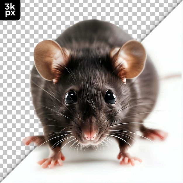 PSD Крыса с черным носом и черным лицом стоит на белой поверхности