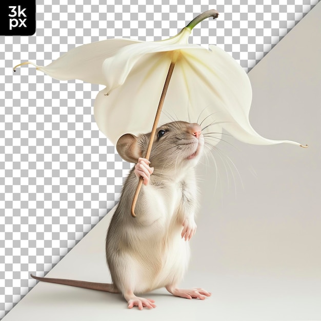 PSD 白い傘と黒い背景のネズミが花を握っている写真