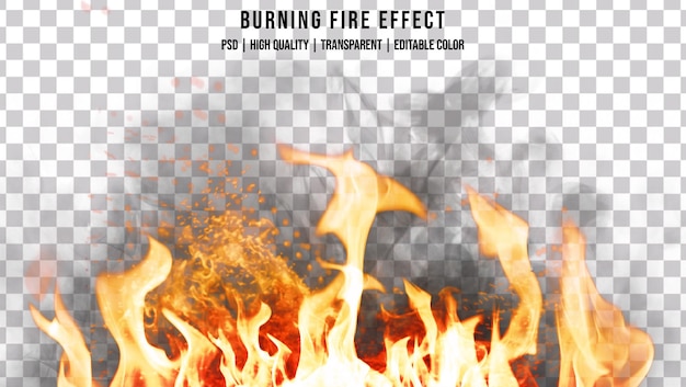 Реалистичный горящий огонь с эффектом искр и черного дыма на прозрачном фоне