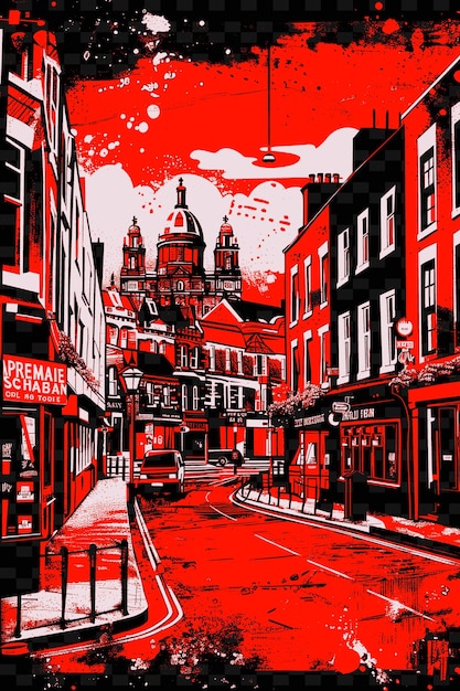 PSD <unk> 베리조 <unk> 이라는 빨간 표지판이 있는 도시 거리의 빨간색과 검은색 그림
