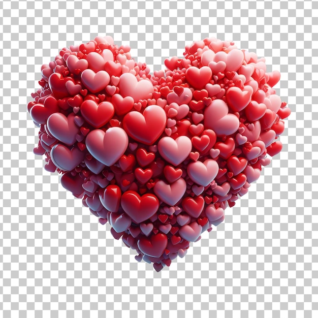 Красное сердце, состоящее из множества красных сердечек, изолированных на прозрачном фоне.
