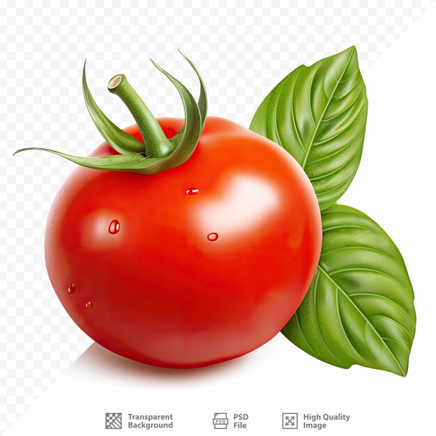 PSD Красный помидор с зелеными листьями и зеленый лист.