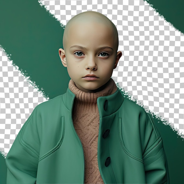 PSD Печальная девочка с лысыми волосами из скандинавской этнической группы, одетая в одежду воспитателя здоровья, позирует в стиле интенсивного прямого взгляда на пастельно-зеленом фоне