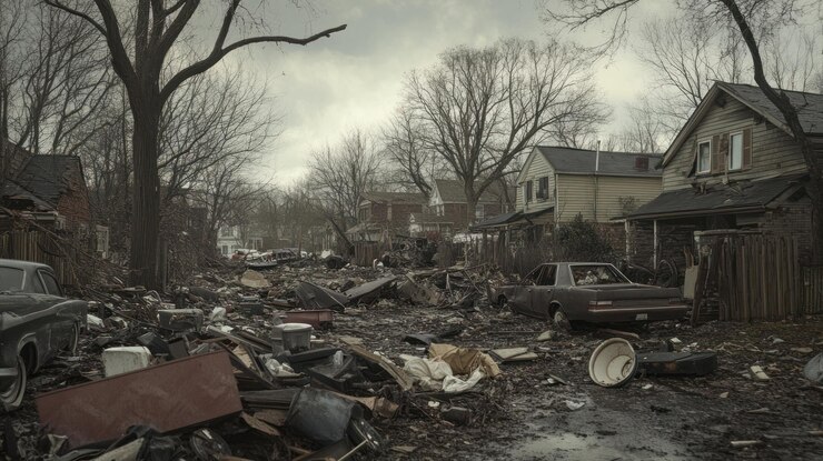 PSD a residential street is covered in debris and destruction following a natural disaster