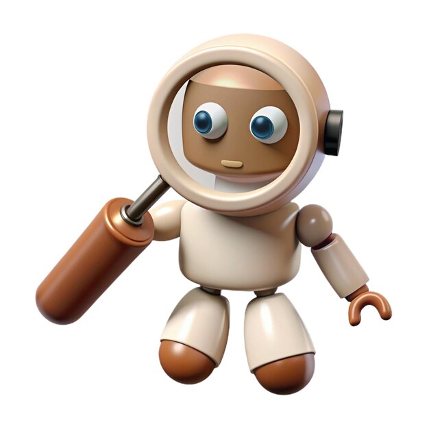 a robot with a blue eyes and a brown nose holding a magnifying glass