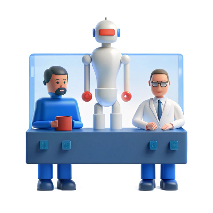 PSD a robot with a man in a suit and a man with a cup of coffee