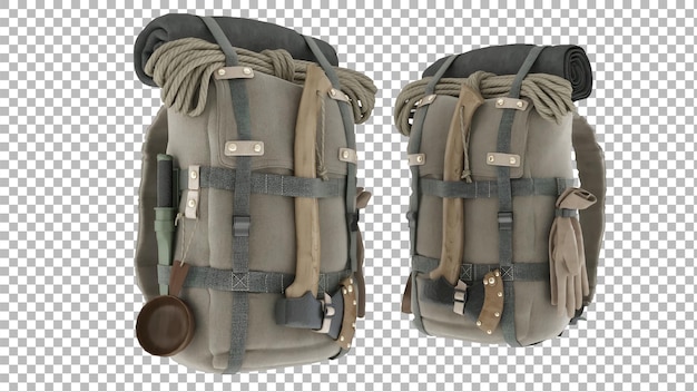 A rugged backpack equipped with tools for outdoor activities and adventure