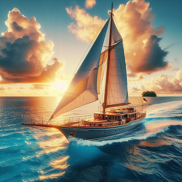 PSD Парусная лодка плывет в океане с солнцем за спиной