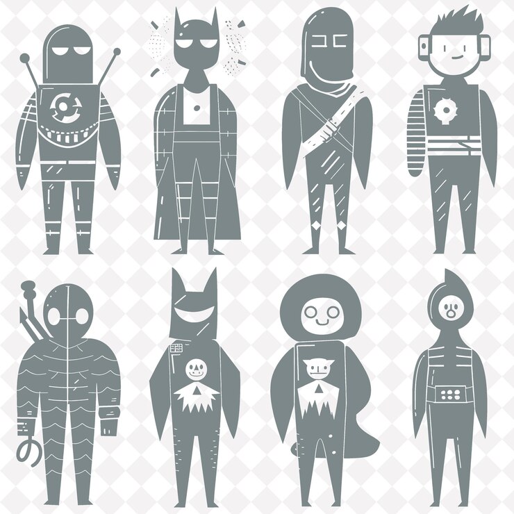 PSD a series of comic book character faces with a robot on the top