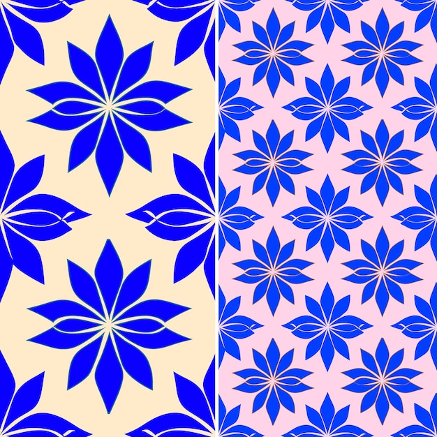 PSD 파란 꽃과 함께 파란색과 분홍색의 기하학적 패턴의 세트
