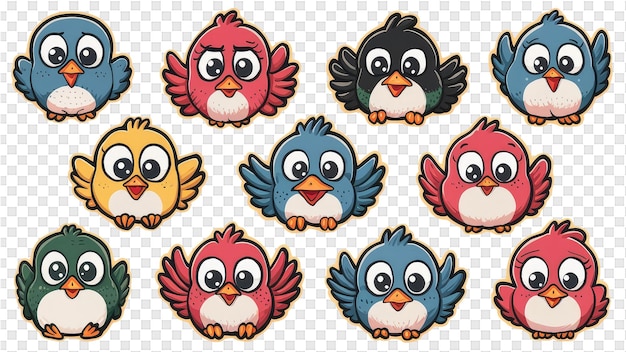 PSD a set of cartoon red and blue birds with different expressions