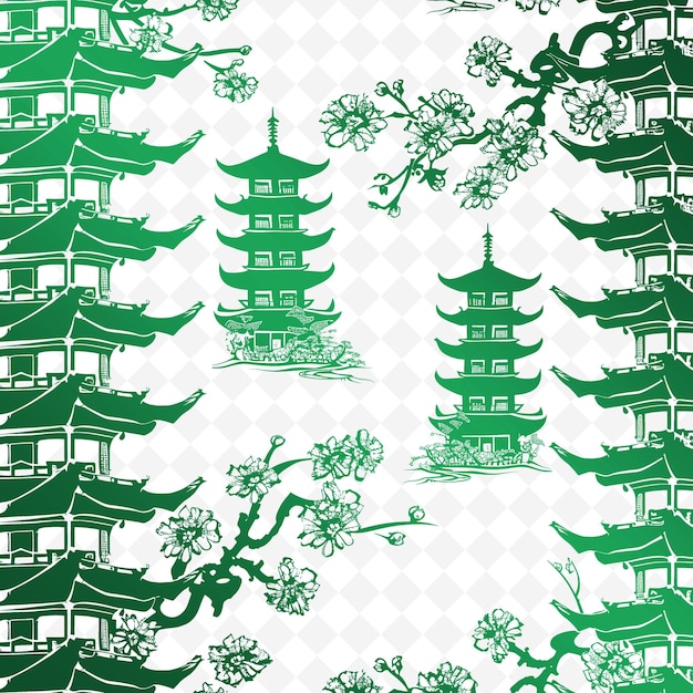 PSD Набор китайских зданий с зеленым фоном