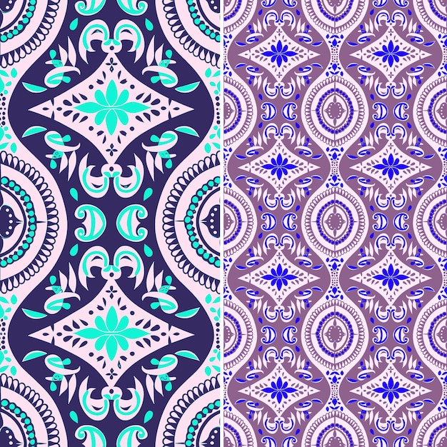 a set of colorful seamless patterns with a purple and green floral pattern