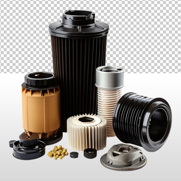 a set of different objects including a black container with a black and white background