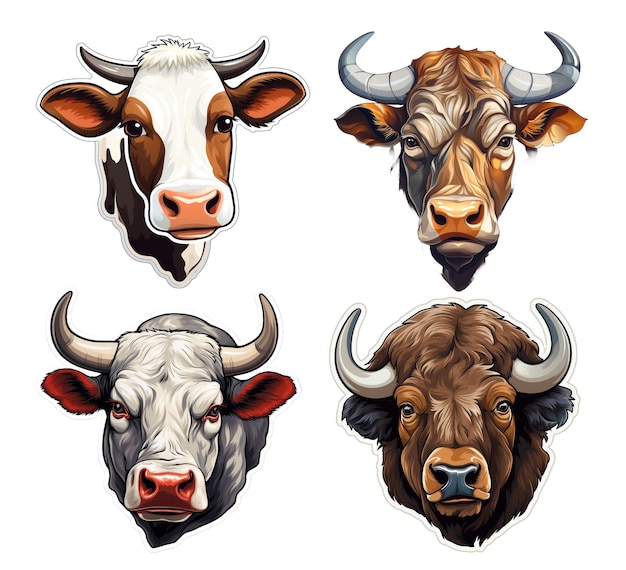 PSD 頭の色と大きさが異なる4つの雄牛の頭のセットがこの画像に示されています
