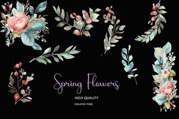 A set of hand drawn watercolor flowers on a black background.