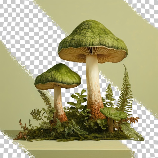 PSD 흰색 배경과 버섯이라고 표시된 녹색 버섯 세트입니다.