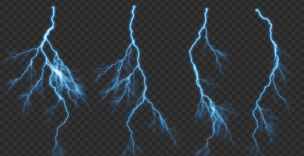 A set of realistic blue lightning effect isolated on transparent background