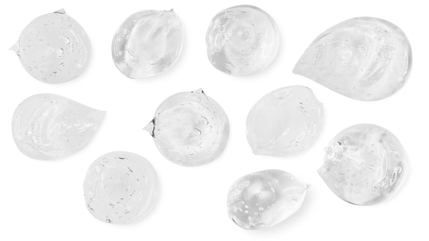 PSD 空の透明な背景に、透明なジェル血清の汚れと滴または滴のセット