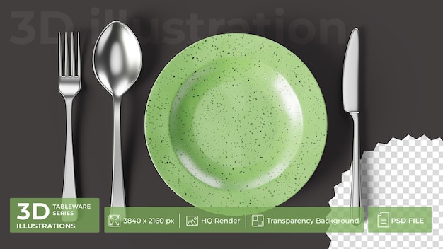a set of steel spoon fork and knife lies parallel to each other next to green plate on dark surface