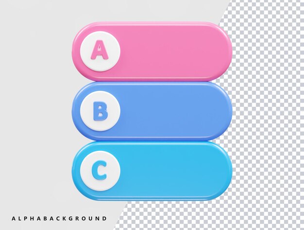 PSD テキスト「a、b、c」が付いた 3 つの青とピンクのボタンのセット。