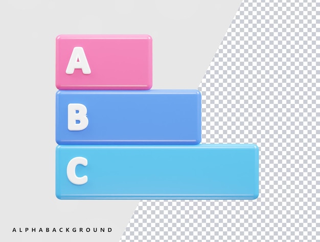 PSD 문자 abc와 파란색 및 분홍색 배경이 있는 세 개의 정사각형 세트입니다.