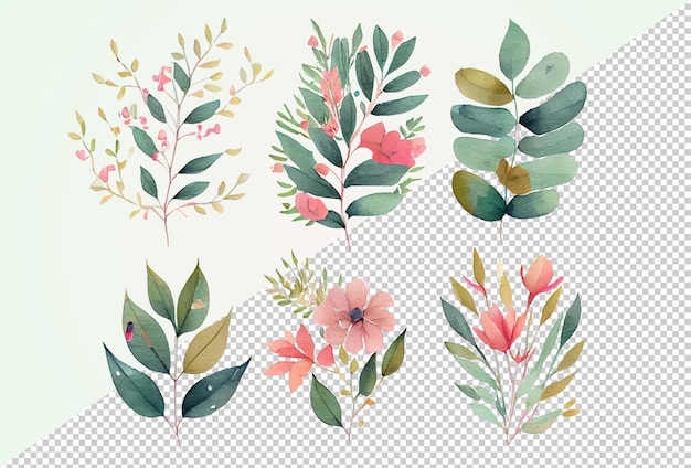 PSD Набор акварельных цветов и листьев клип-арт на прозрачном фоне