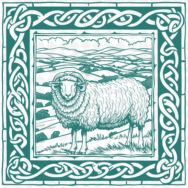 PSD Овца стоит в зеленом и белом рисунке