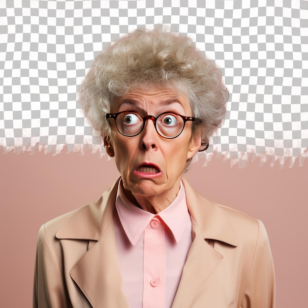 PSD Шокированная старшая женщина с извращенными волосами скандинавской этнической принадлежности, одетая в одежду школьного консультанта, позирует с наклоном головы со стилем серьезного выражения на фоне пастельного крема