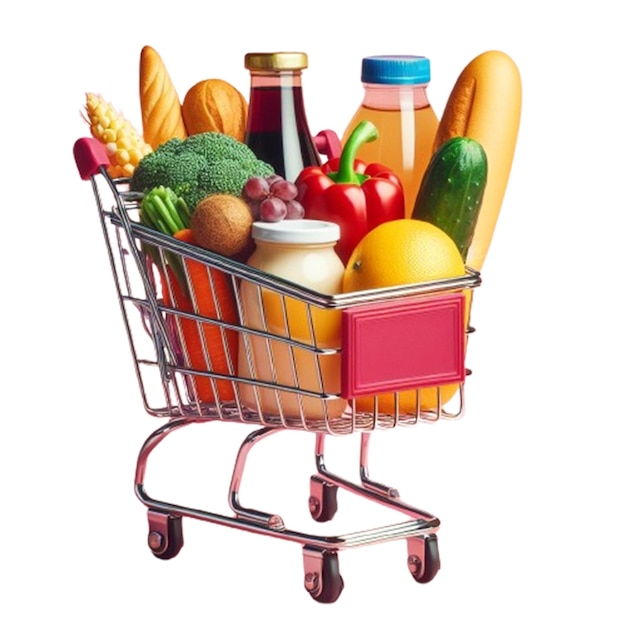 PSD 과일과 야채를 포함한 과일과 채소와 함께 쇼핑 카트